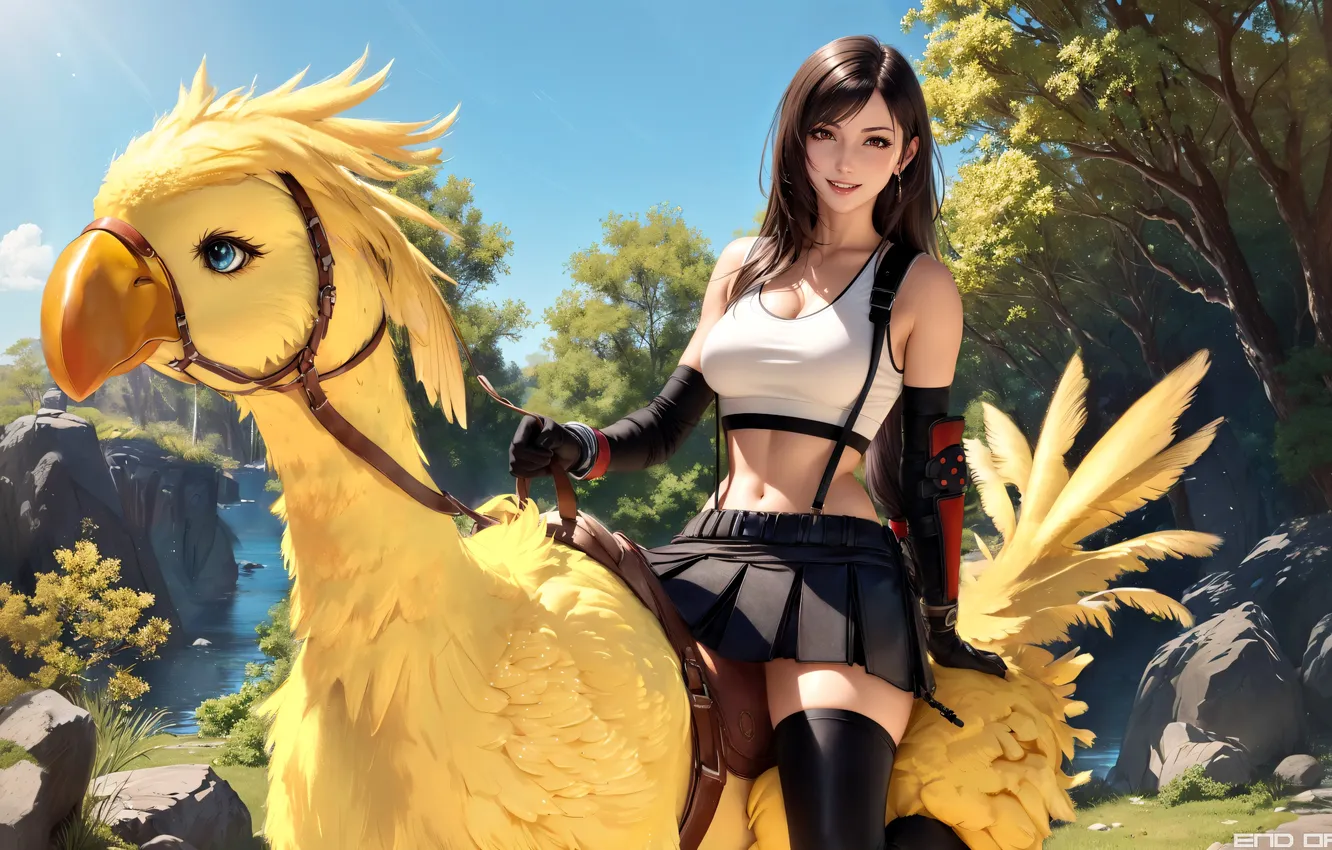Photo wallpaper long hair, smiling, Final Fantasy VII, Tifa Lockhart, looking at viewer, Chocobo, video game characters, …