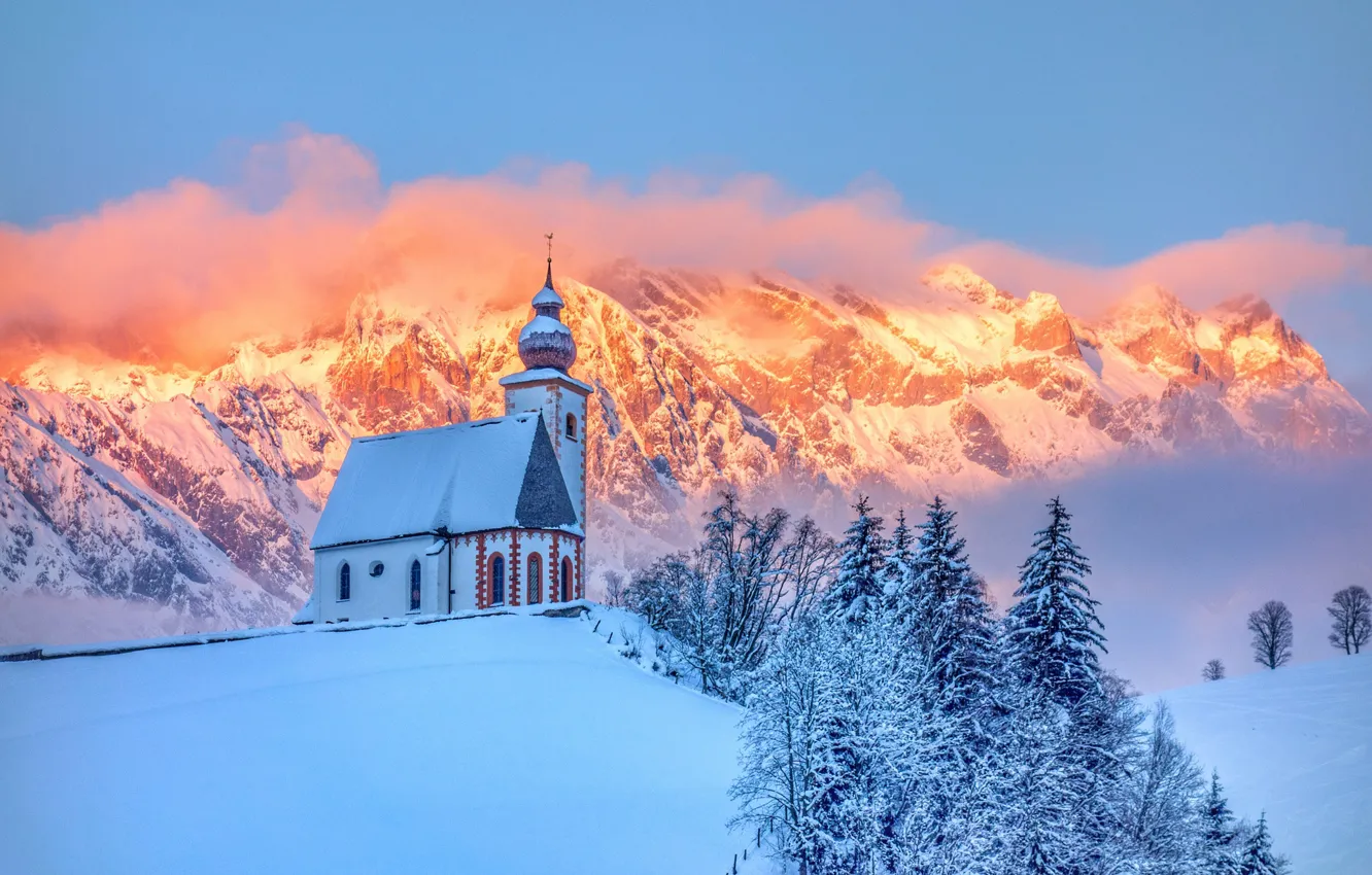 Photo wallpaper winter, forest, snow, mountains, hill, Church, chapel