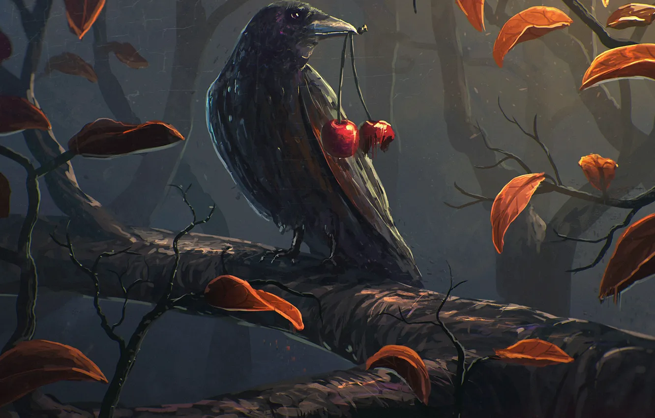 Photo wallpaper leaves, branches, cherry, bird, art, crows