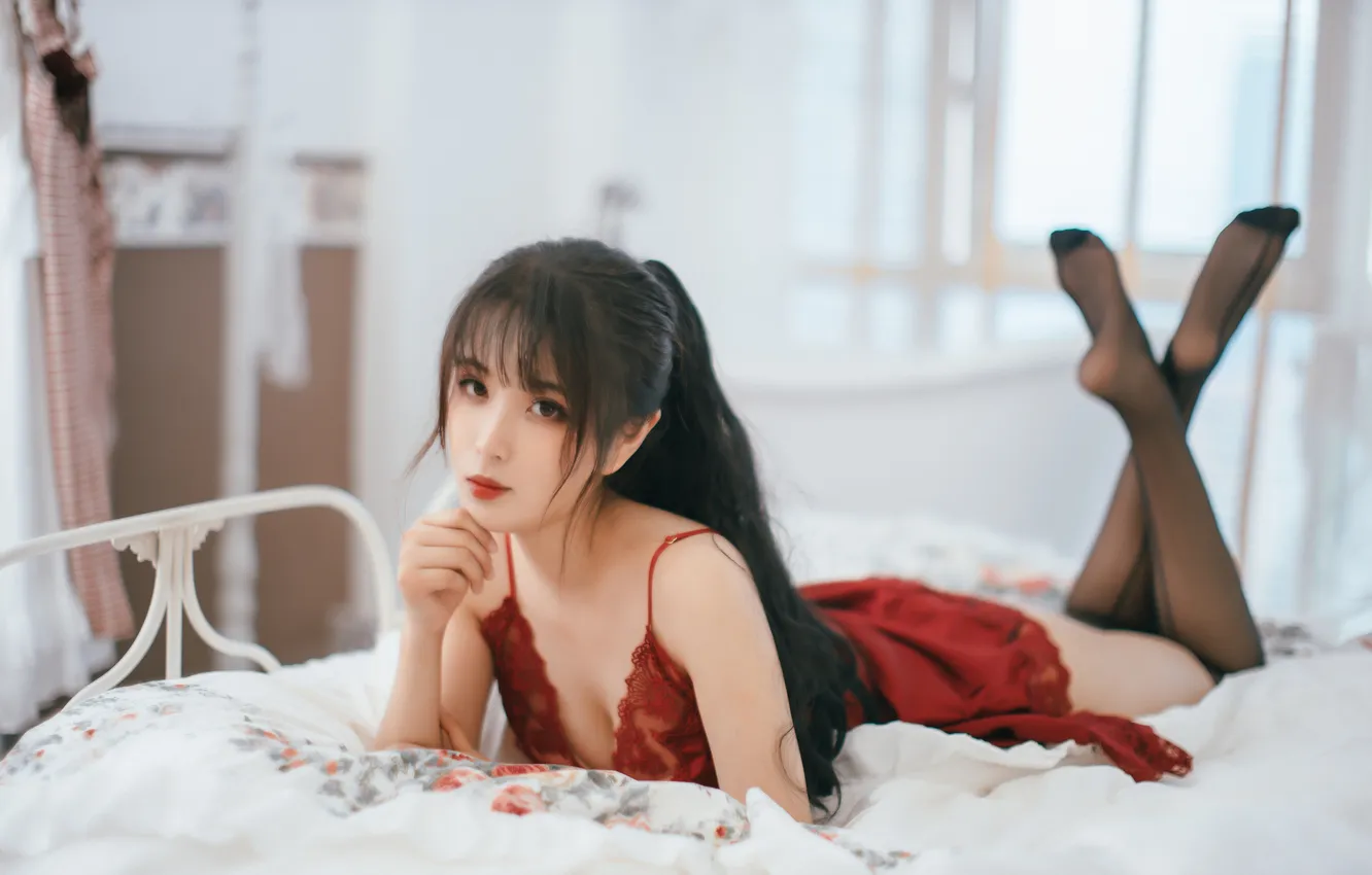 Photo wallpaper model, women, brunette, asian, feet, in bed, Black Stockings, feet in the air