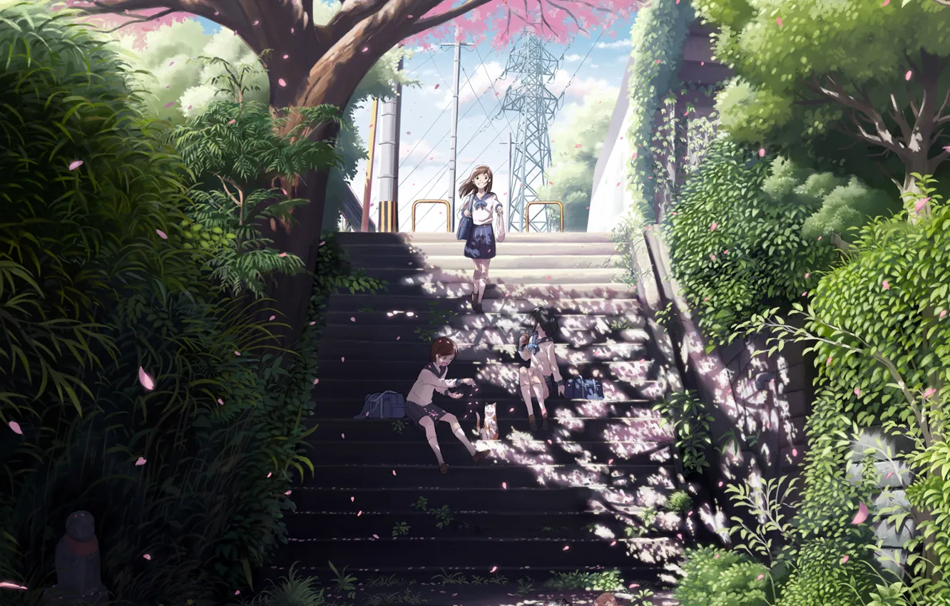 Photo wallpaper trees, girls, wire, anime, petals, Sakura, art, Schoolgirls