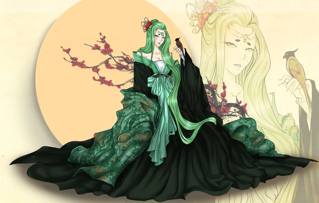 Photo wallpaper girl, bird, vector, kimono, green hair