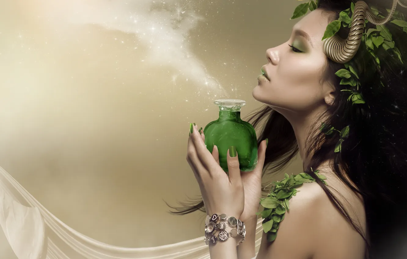 Photo wallpaper leaves, girl, horns, profile, bottle, Asian, potion, fawn