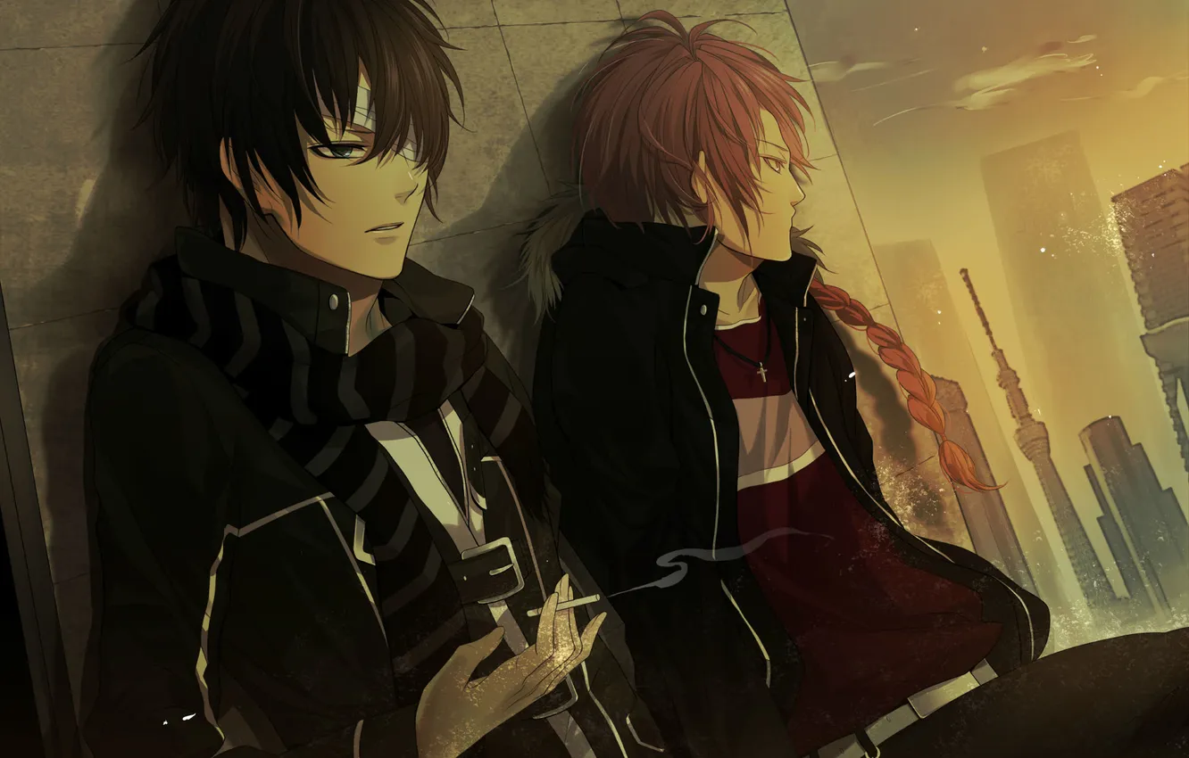 Photo wallpaper the city, cigarette, headband, guy, waiting, bandages, gintama, takasugi shinsuke