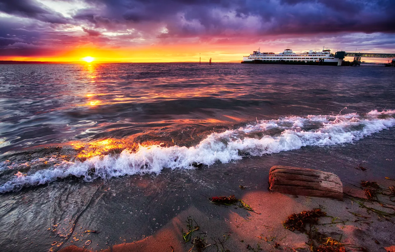 Photo wallpaper sea, the sky, the sun, clouds, sunset, ship, Marina, pier
