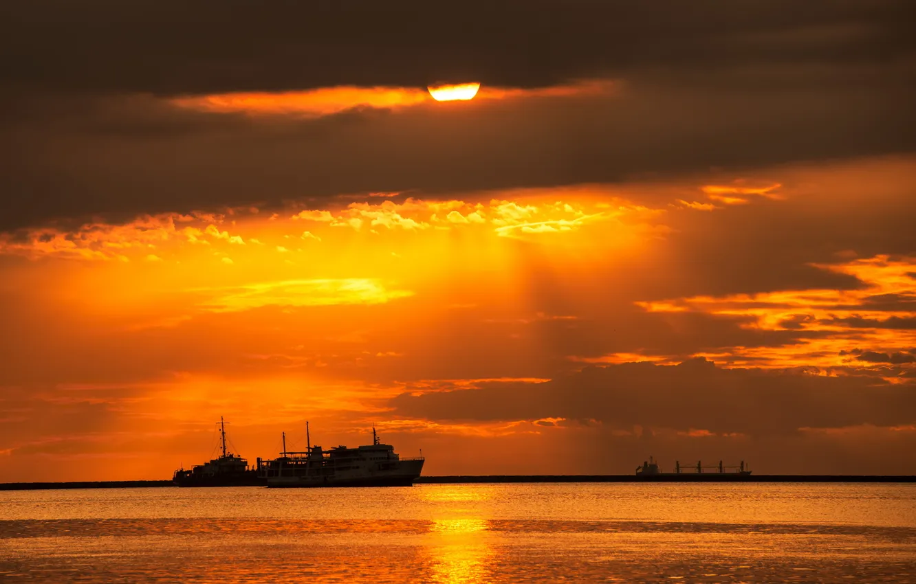 Photo wallpaper sea, landscape, sunset, ships