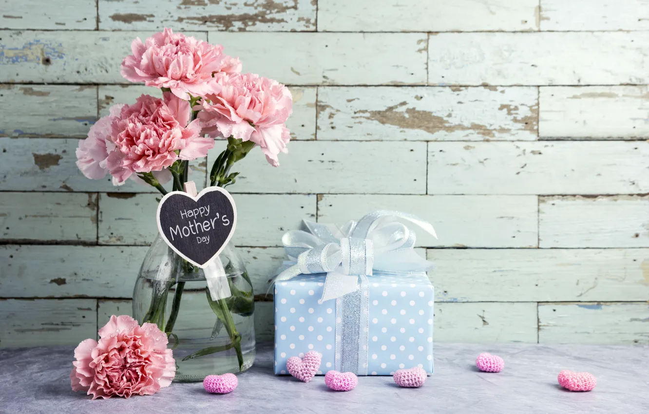 Photo wallpaper flowers, gift, hearts, love, pink, happy, pink, flowers