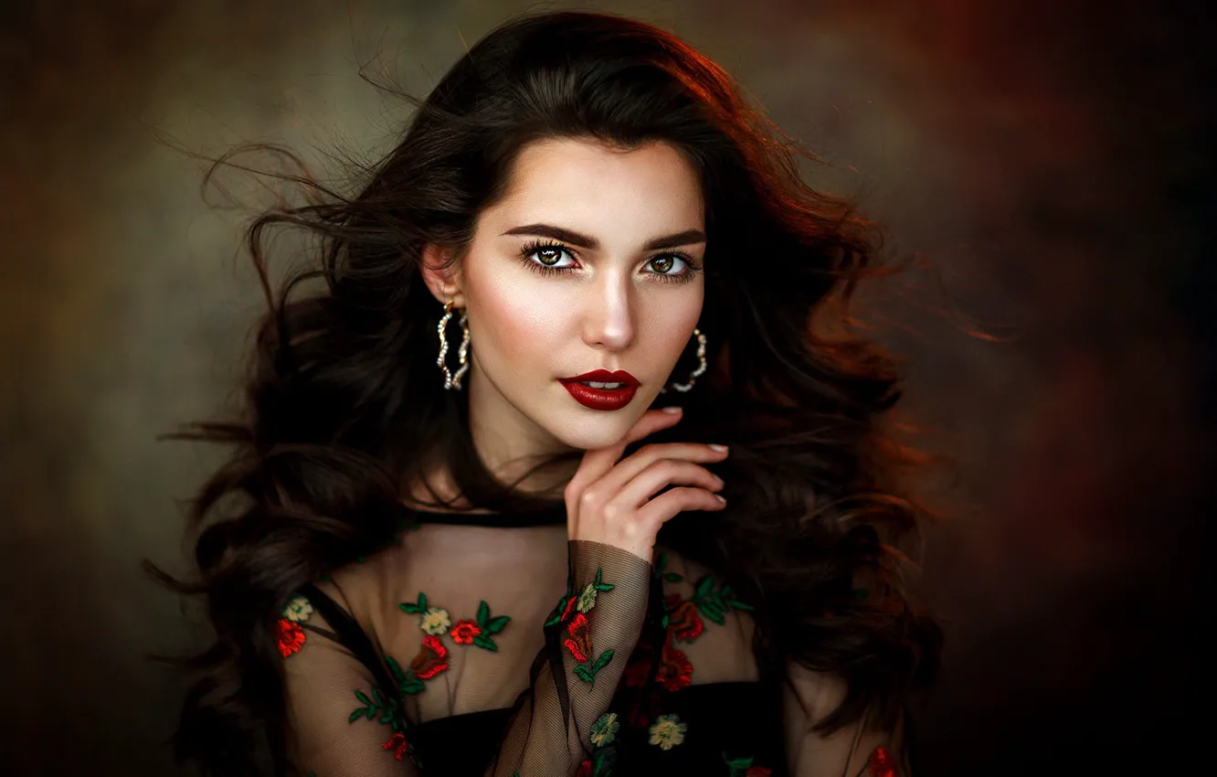 Photo wallpaper look, girl, face, pose, style, the dark background, hand, portrait