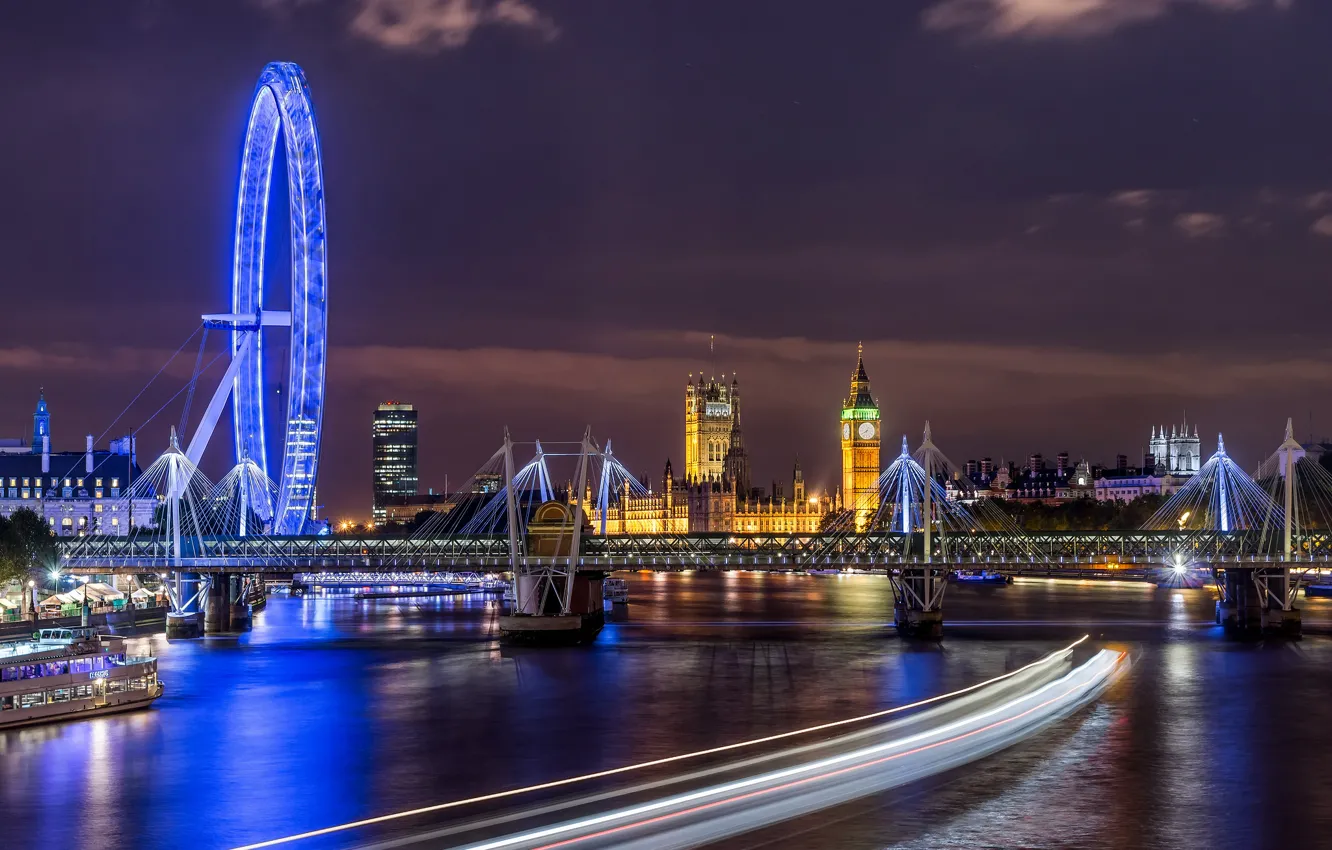 Photo wallpaper night, the city, lights, river, England, London, Thames