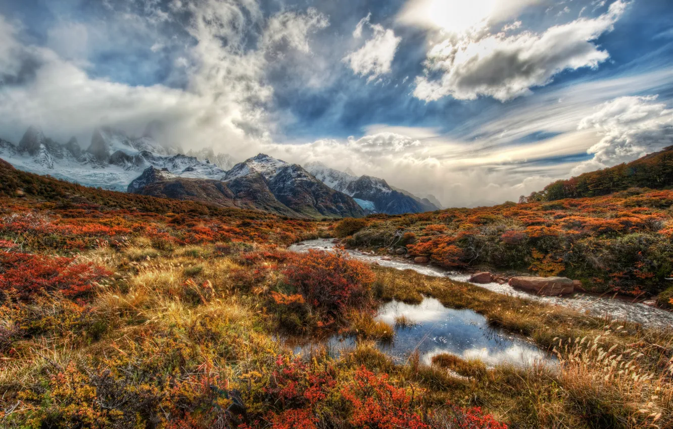 Photo wallpaper grass, clouds, mountains, river, valley, Andes
