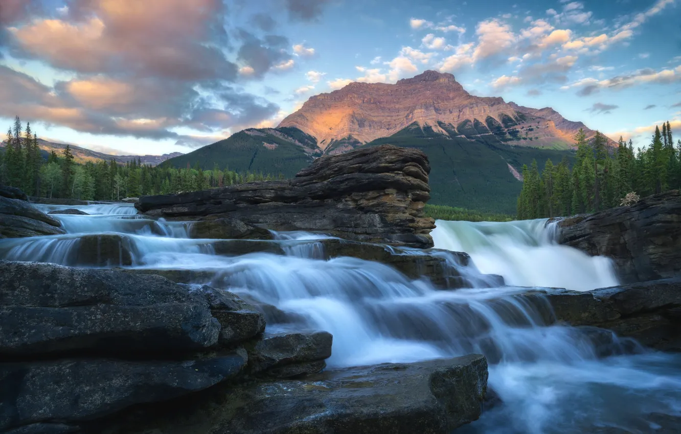 Photo wallpaper waterfall, river, mountains