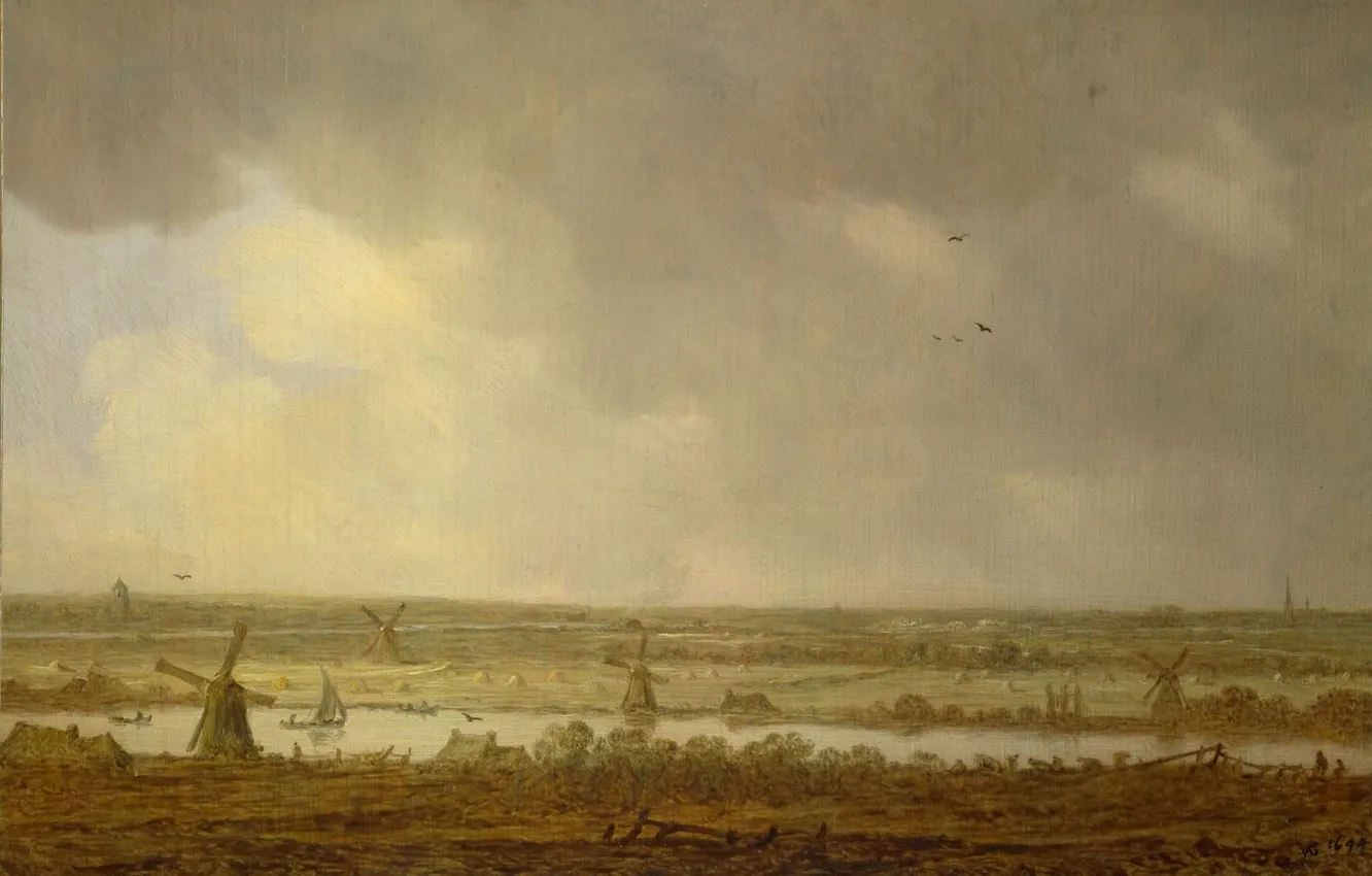Photo wallpaper oil, picture, windmill, Jan van Goyen, Jan van Goyen, 1644, Landscape with a Polder Channel