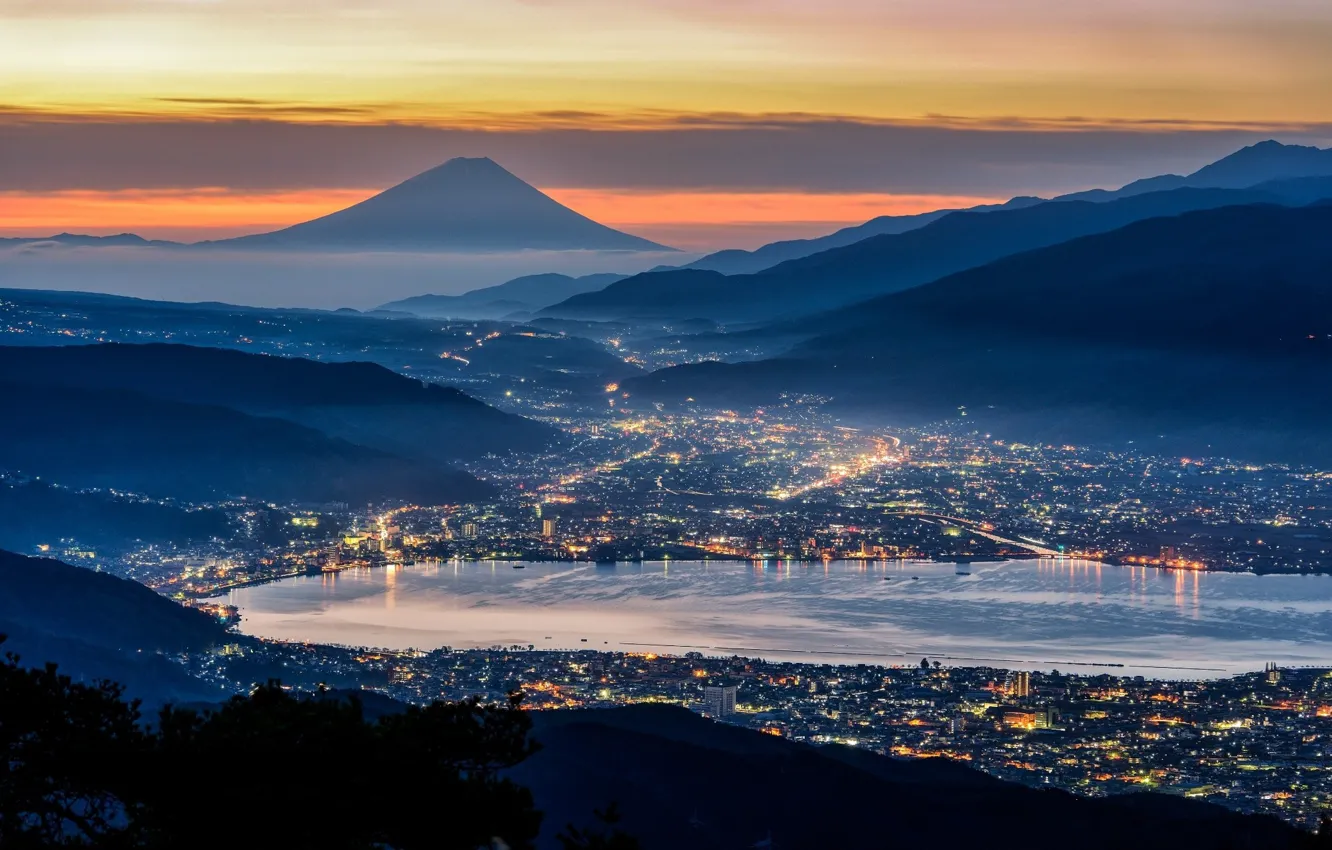 Photo wallpaper city, lights, Japan, twilight, Mount Fuji, sky, sea, landscape