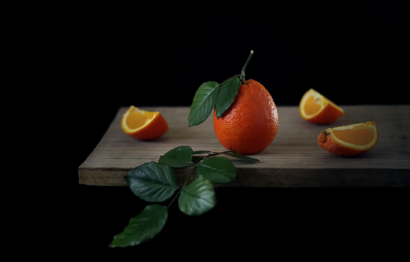 Photo wallpaper leaves, sprig, Board, orange, black background, slices, tangerines
