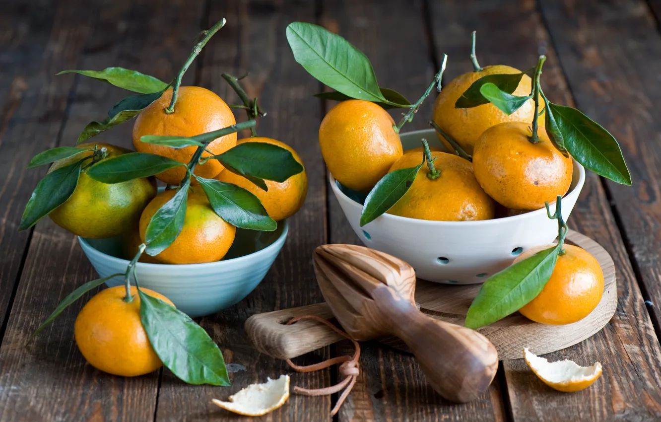 Photo wallpaper leaves, dishes, fruit, citrus, tangerines, Anna Verdina