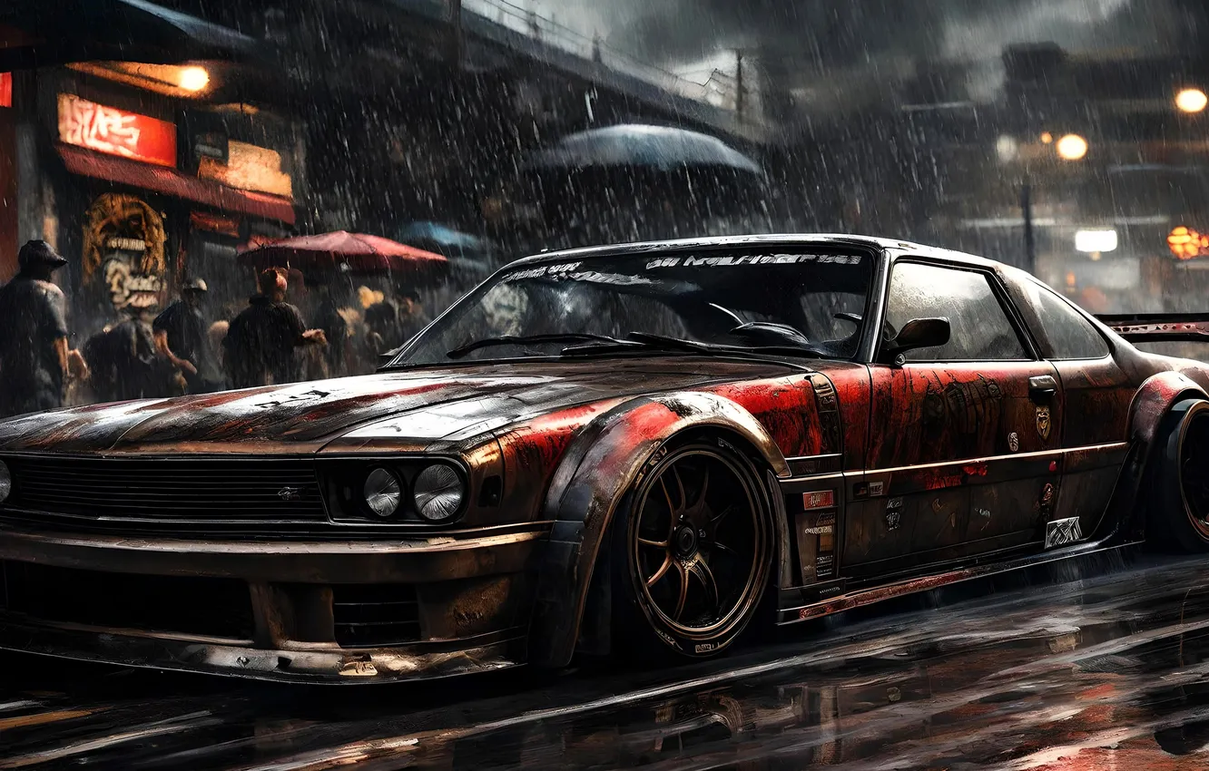 Photo wallpaper road, machine, the city, rain, street, people, home, umbrella