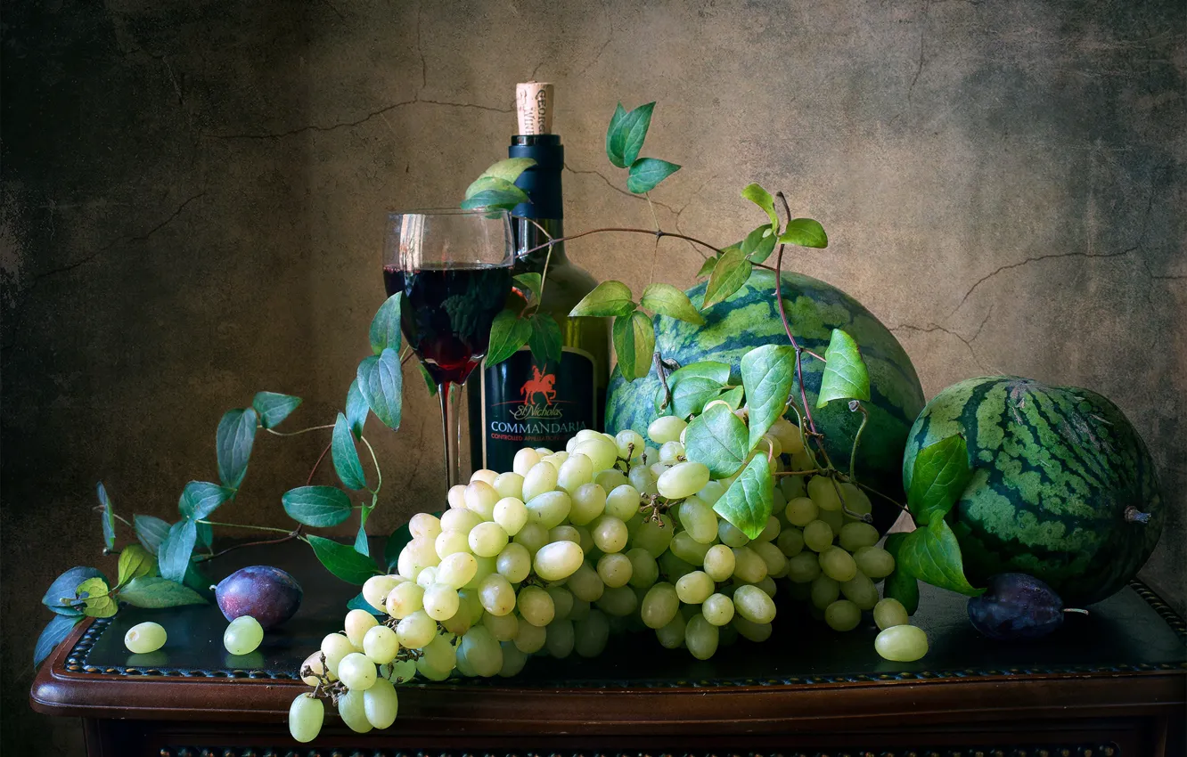 Photo wallpaper berries, wine, glass, bottle, grapes, bunch, fruit, still life