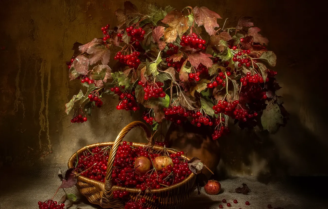 Photo wallpaper leaves, branches, berries, apples, bouquet, pitcher, still life, basket