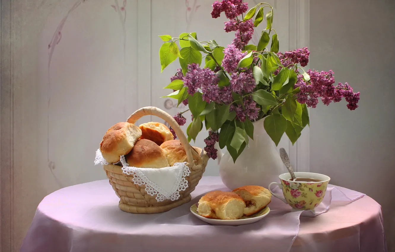 Photo wallpaper flowers, table, tea, spoon, Cup, vase, still life, basket