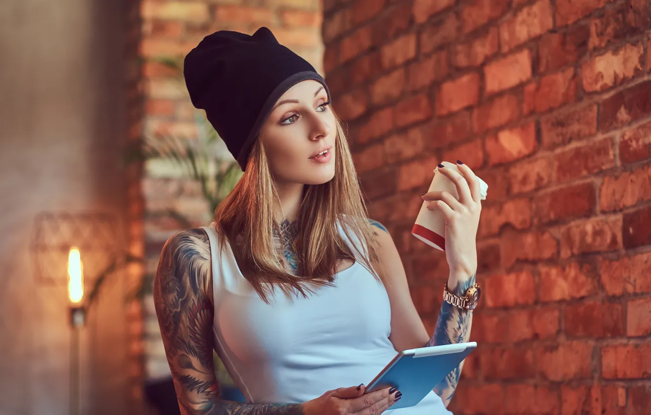 Photo wallpaper sexy, hat, computer, cup, interior, blonde, t-shirt, tablet