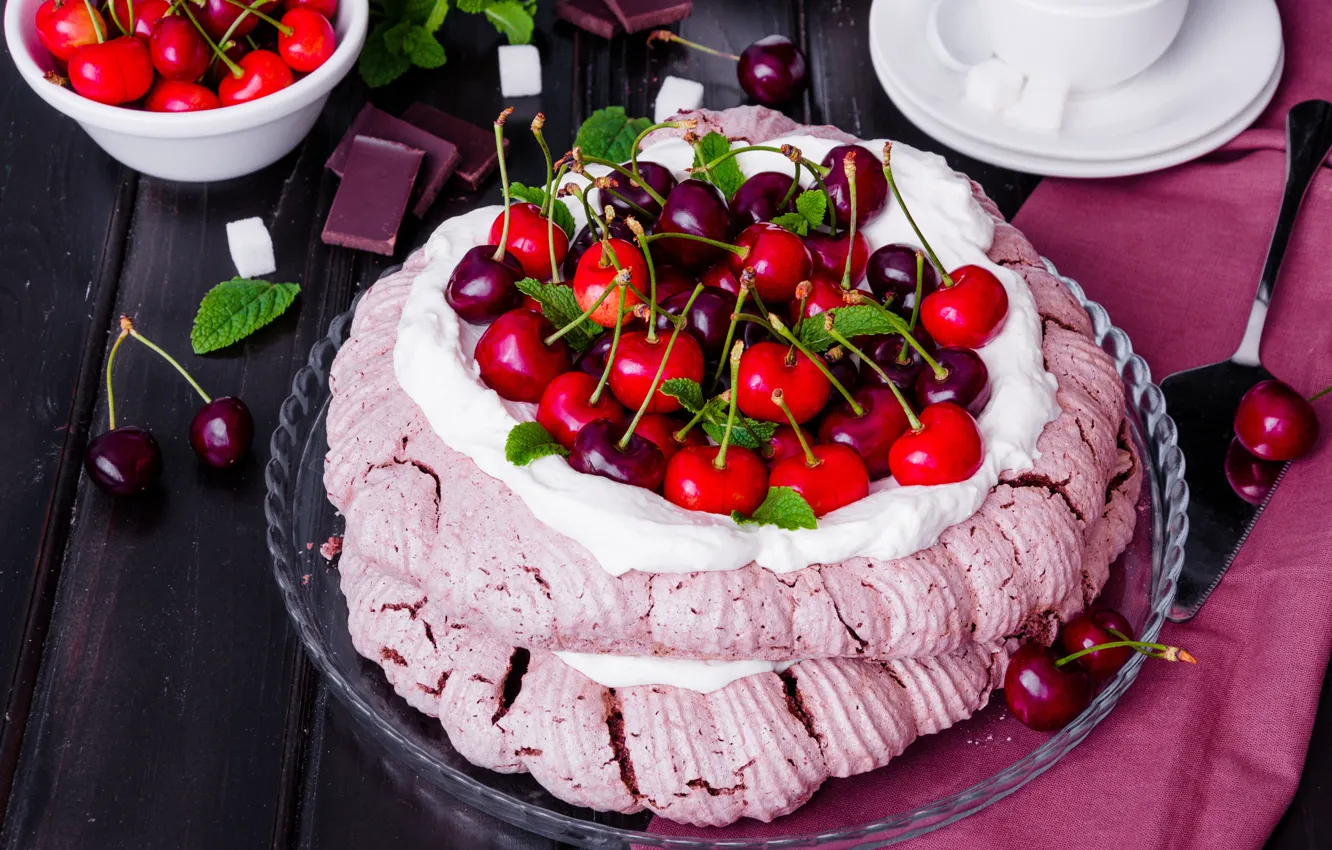 Photo wallpaper cherry, cream, cake, cream, dessert, meringue
