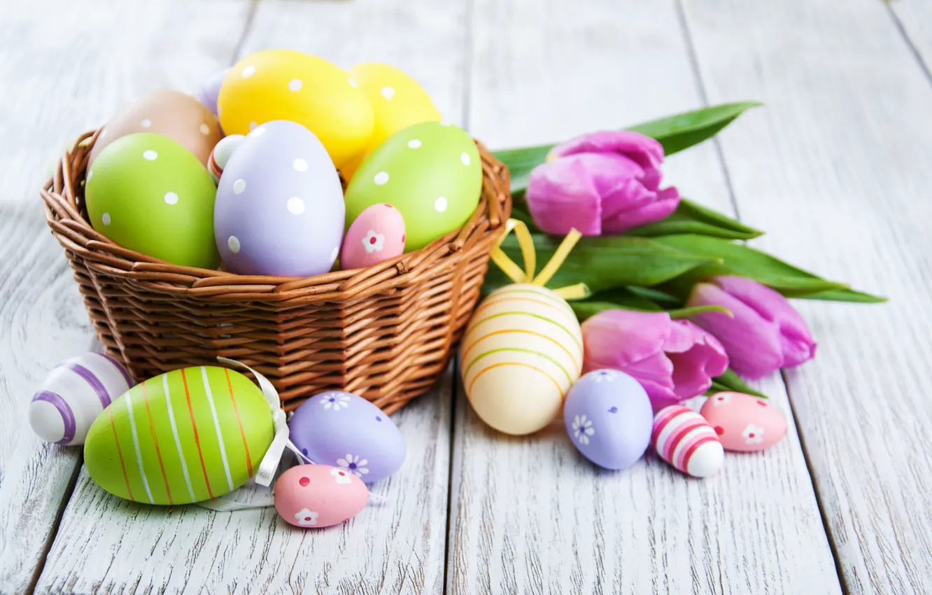 Photo wallpaper flowers, eggs, spring, colorful, Easter, tulips, wood, pink