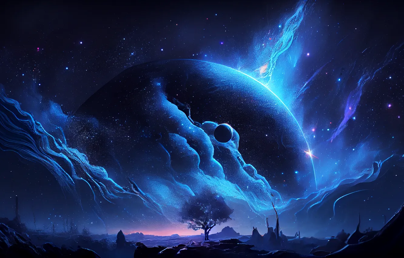 Photo wallpaper Galaxy, Night, Horizon, Space, The universe, Planet, Abstraction, Stars