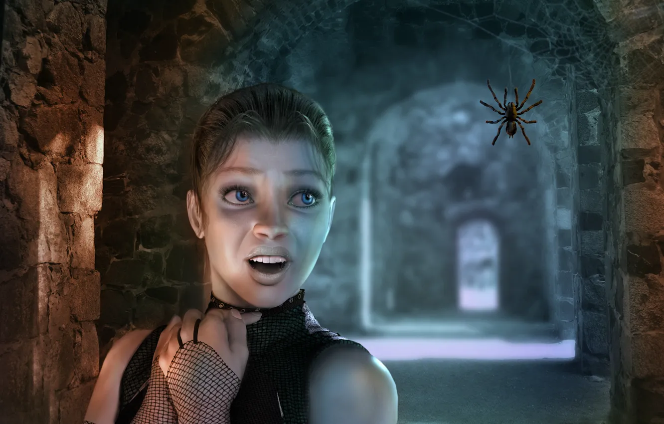 Photo wallpaper spider, woman, scream, fear, darkness