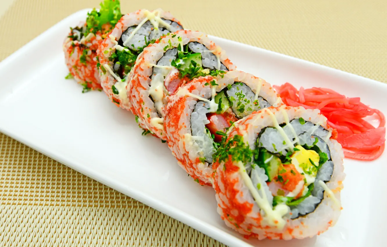 Photo wallpaper rolls, sushi, sushi, rolls, Japanese cuisine, ginger, ginger, Japanese cuisine