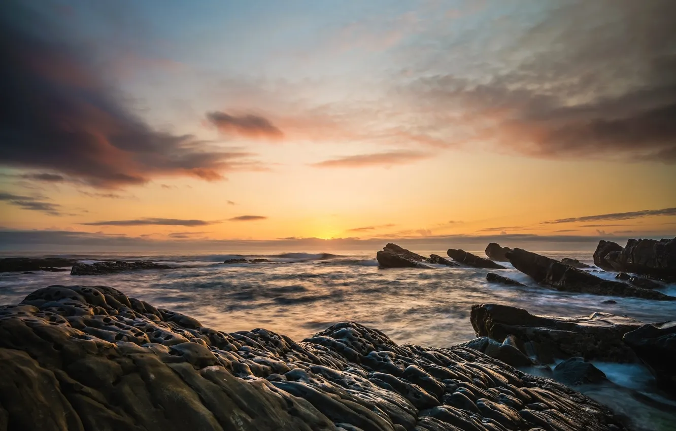 Photo wallpaper sea, wave, the sky, clouds, sunset, nature, stones, rocks