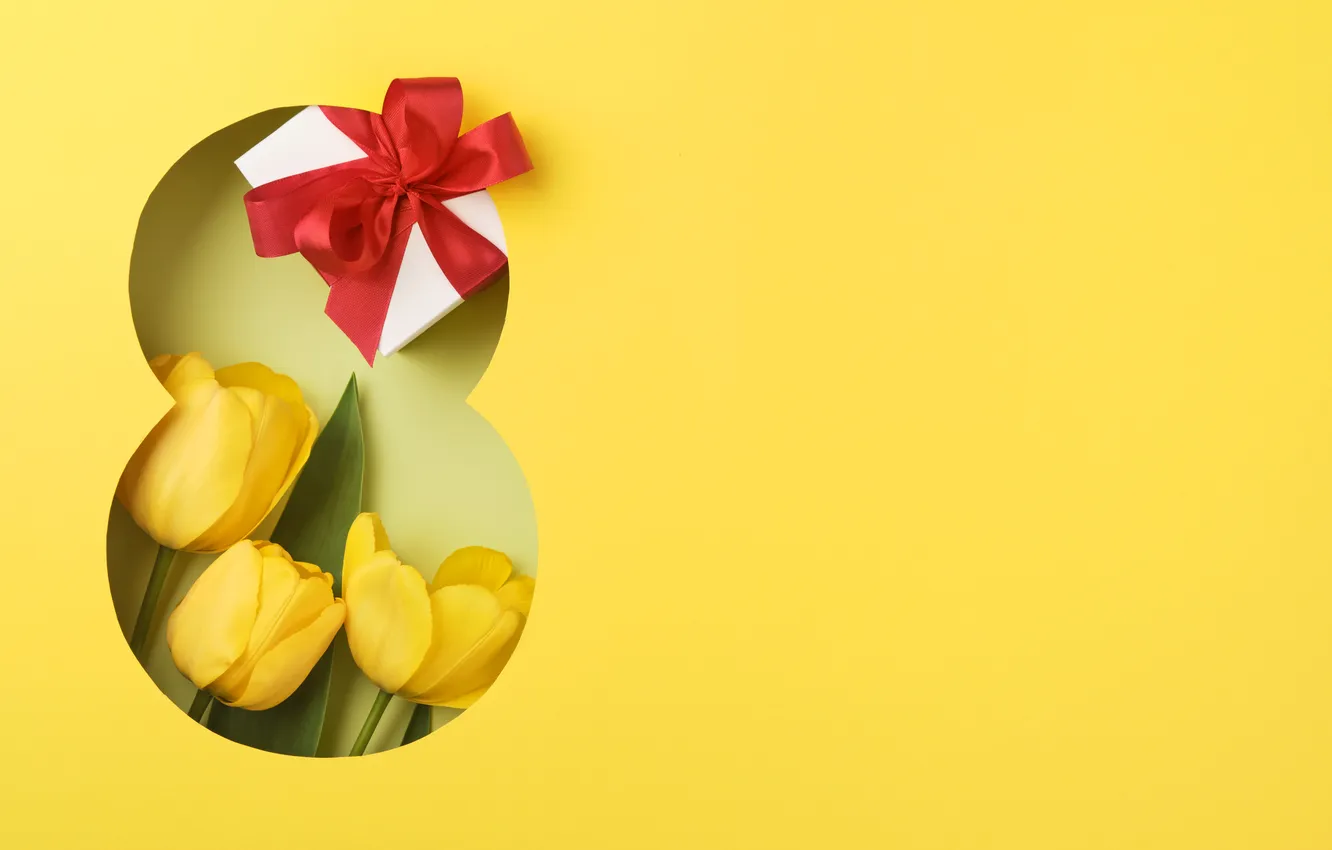 Photo wallpaper flowers, figures, tulips, March 8, yellow, flowers, tulips, spring