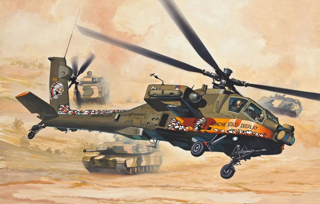 Photo wallpaper art, painting, Helicopter, AH-64 Apache