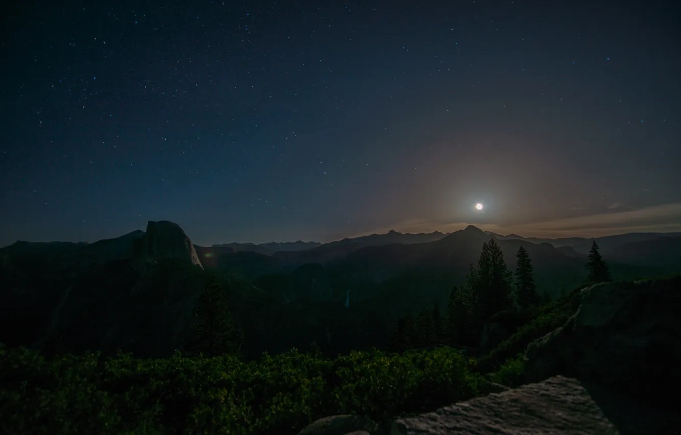 Photo wallpaper landscape, mountains, night, the moon, Yosemite National Park, Glacier Point