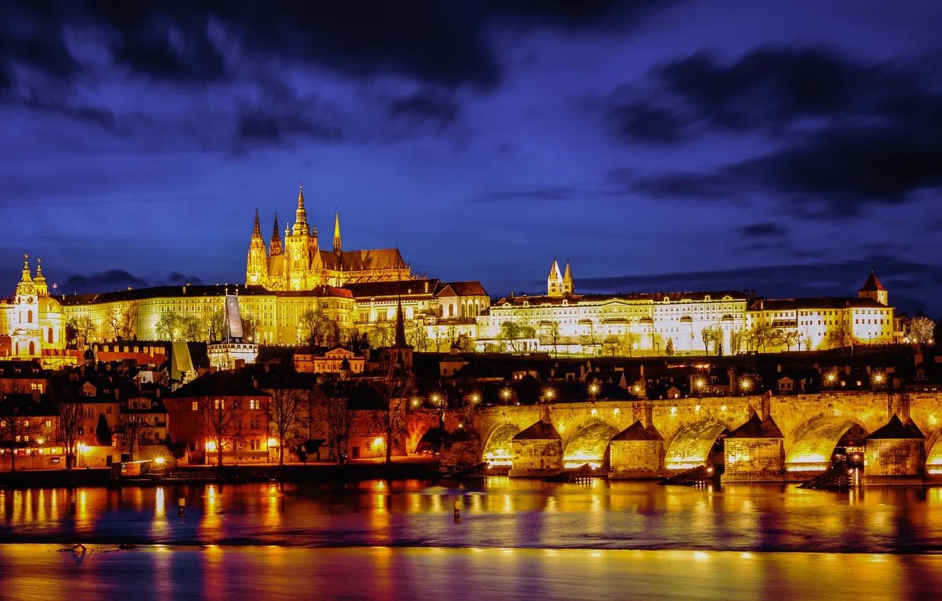 Photo wallpaper night, lights, river, hills, Prague, Czech Republic, Cathedral, Charles bridge