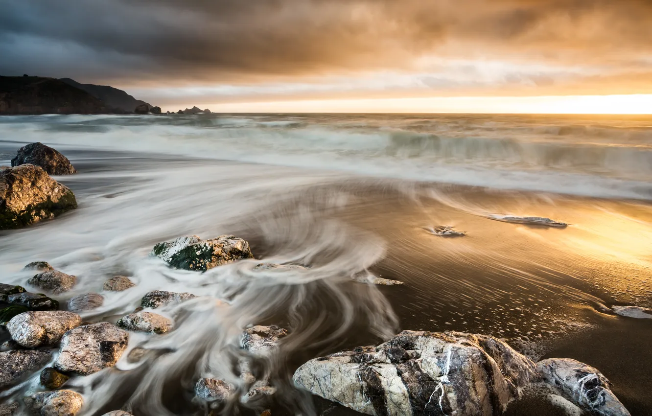 Photo wallpaper sand, beach, stones, dawn, Pacifica, Rockaway Beach