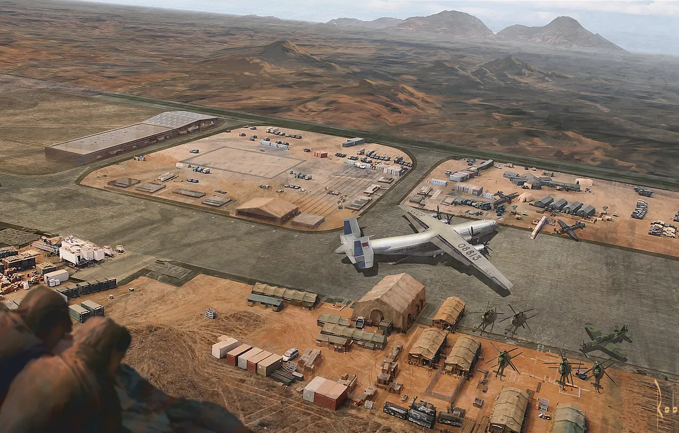 Photo wallpaper desert, helicopter, the plane, military base, Uncharted 3: Drake's Deception