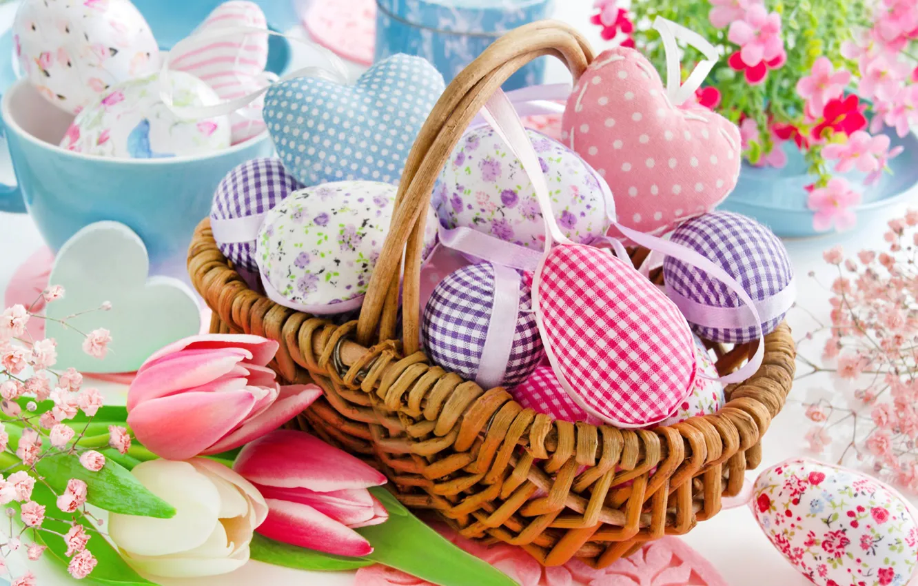 Photo wallpaper basket, Easter, tulips, Easter