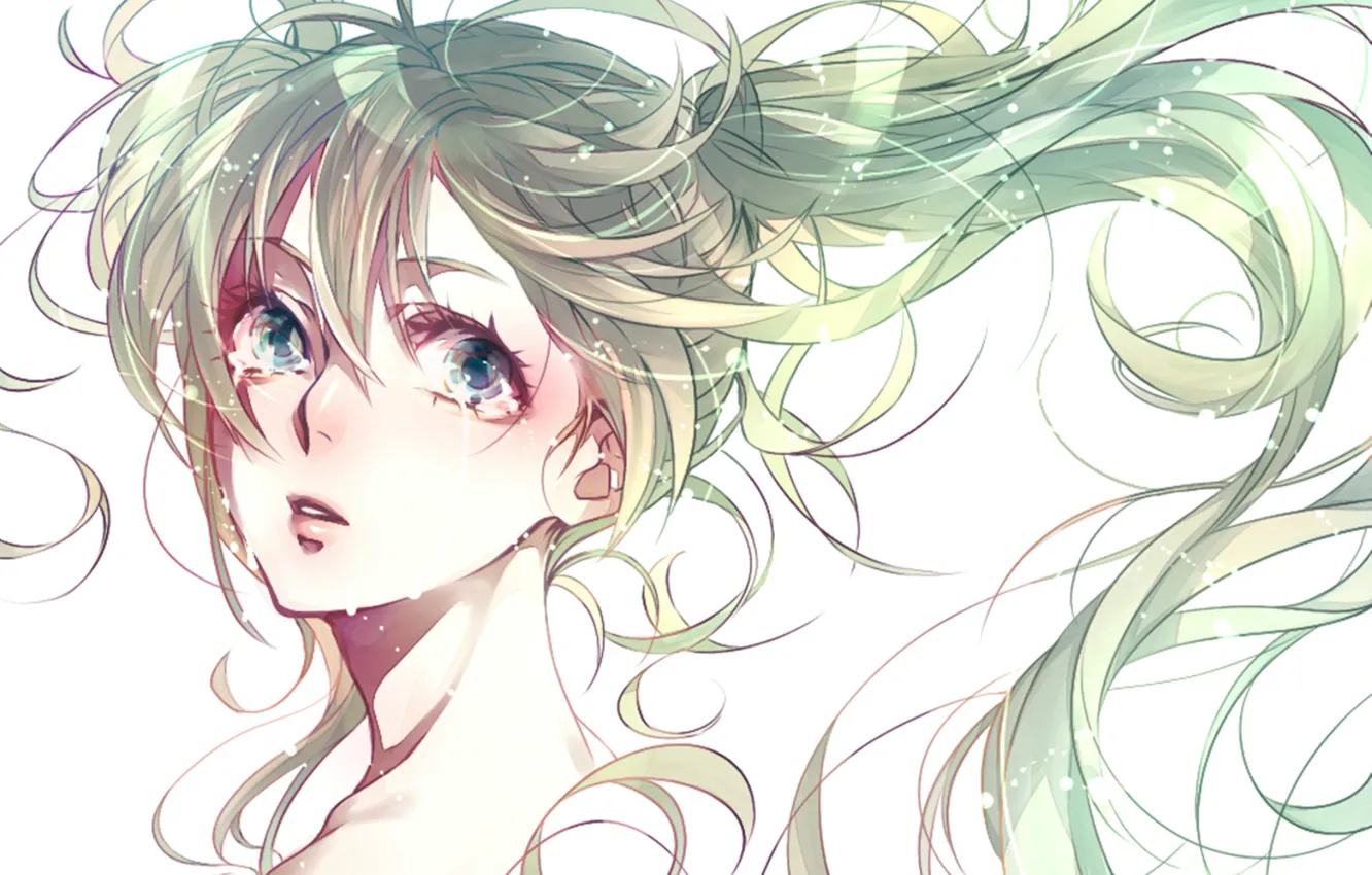 Photo wallpaper face, emotions, tears, Hatsune Miku, shoulder, blue hair, vokaloid