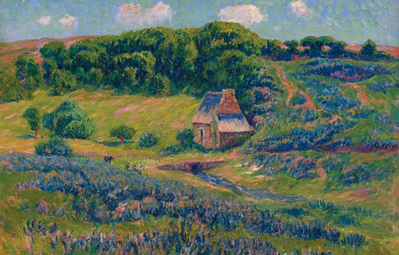 Photo wallpaper landscape, house, hills, picture, Farm in Brittany, Henri Moret