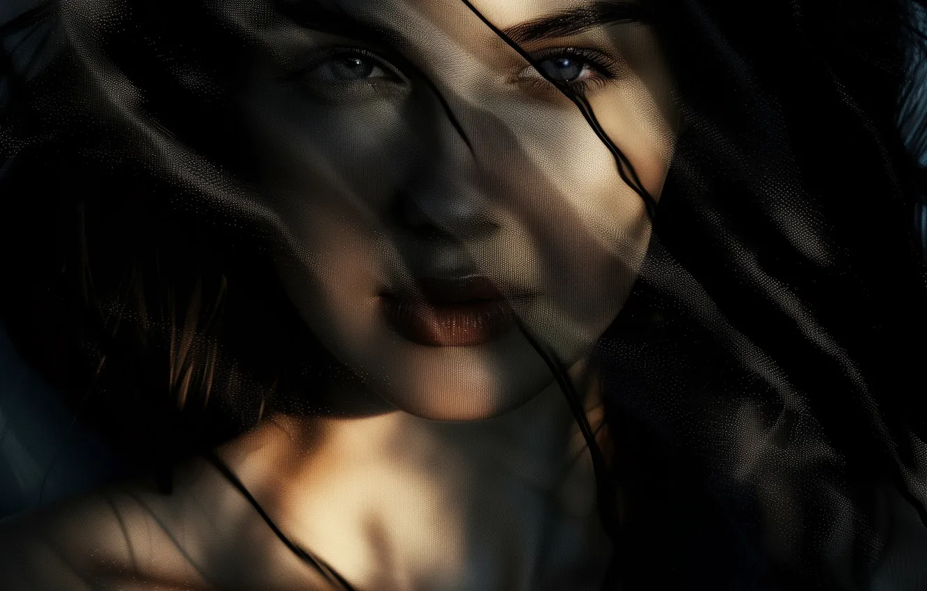 Photo wallpaper girl, light, face, the dark background, portrait, fabric, veil, tulle