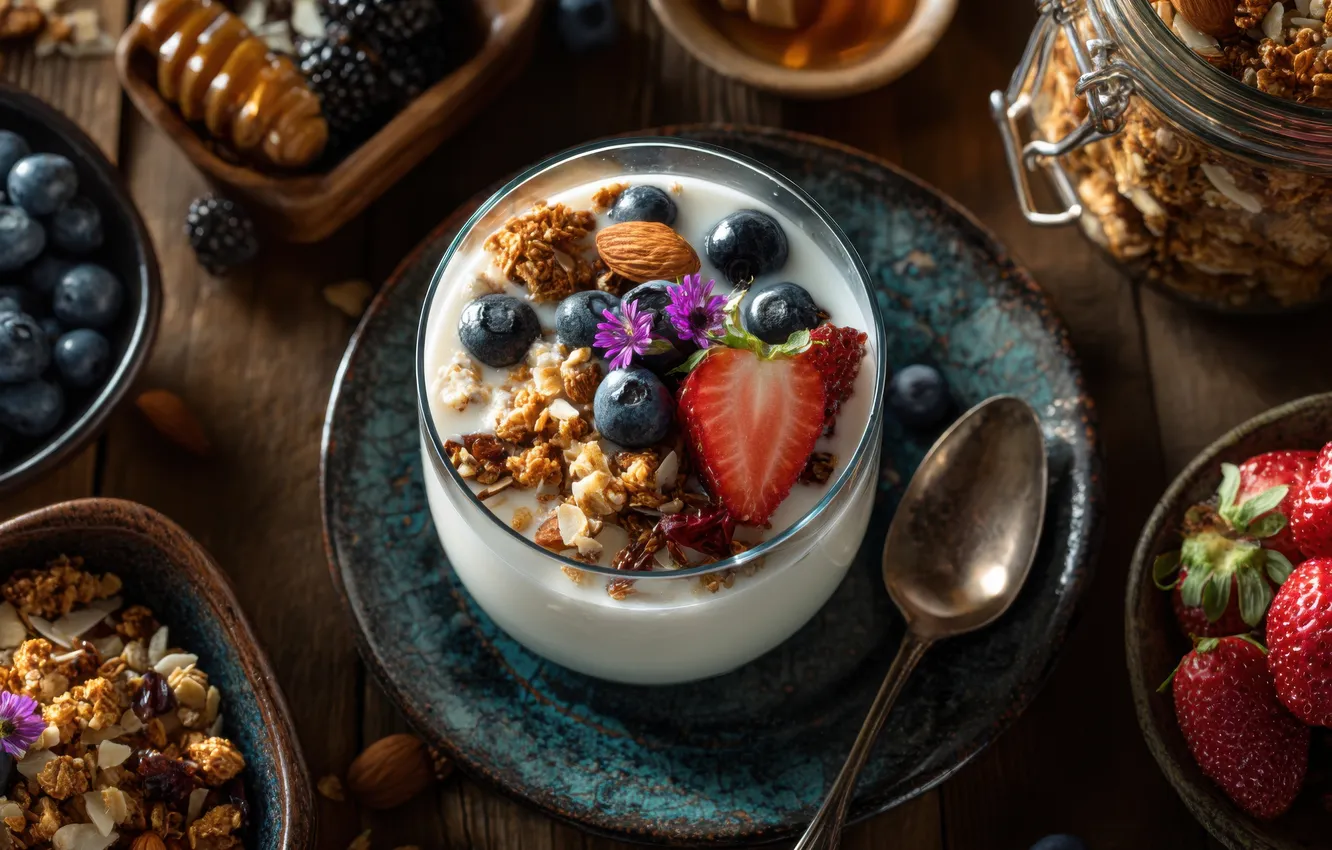 Photo wallpaper glass, berries, table, Board, Breakfast, milk, blueberries, strawberry