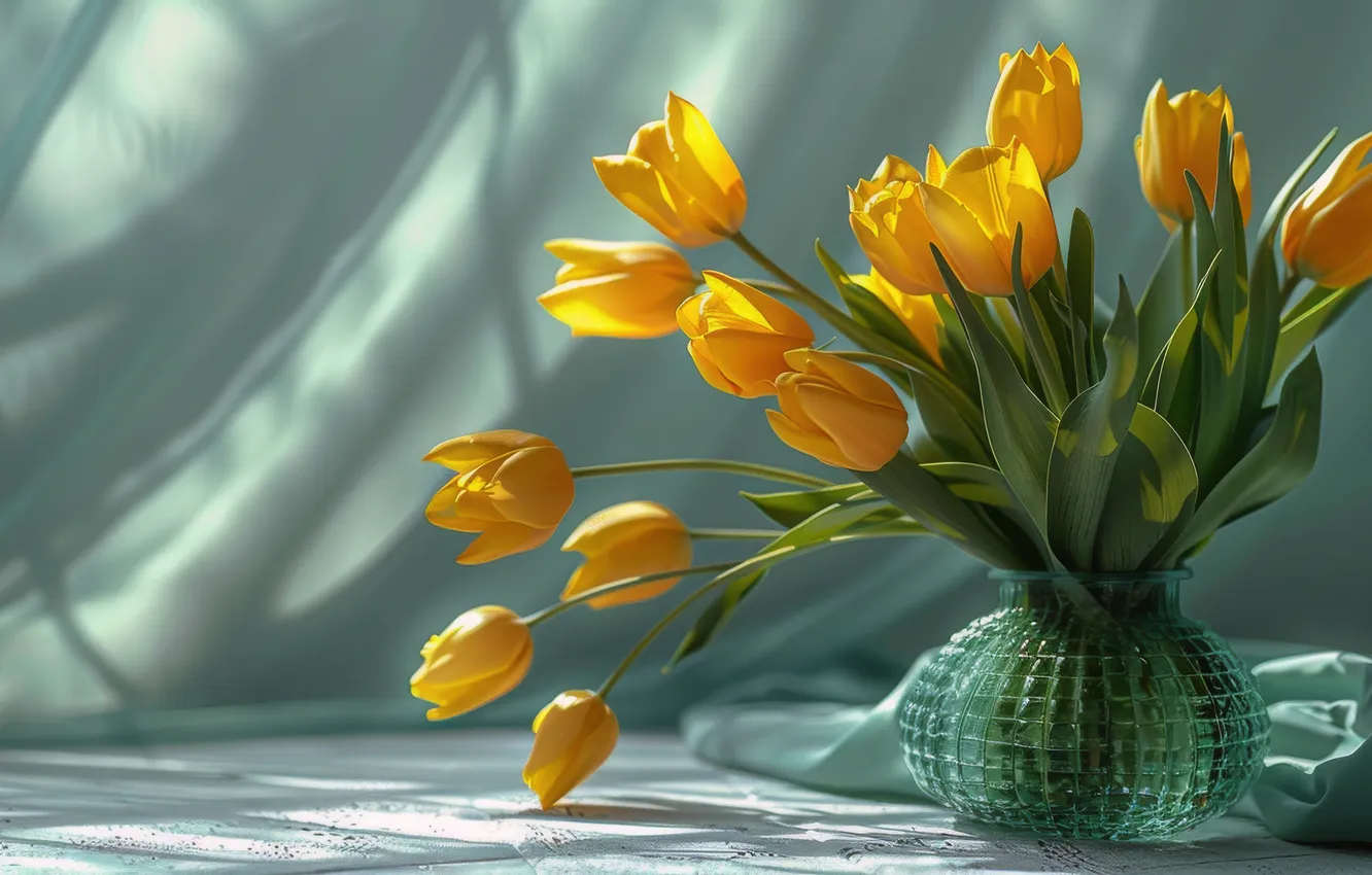 Photo wallpaper light, flowers, yellow, shadow, bouquet, spring, tulips, vase