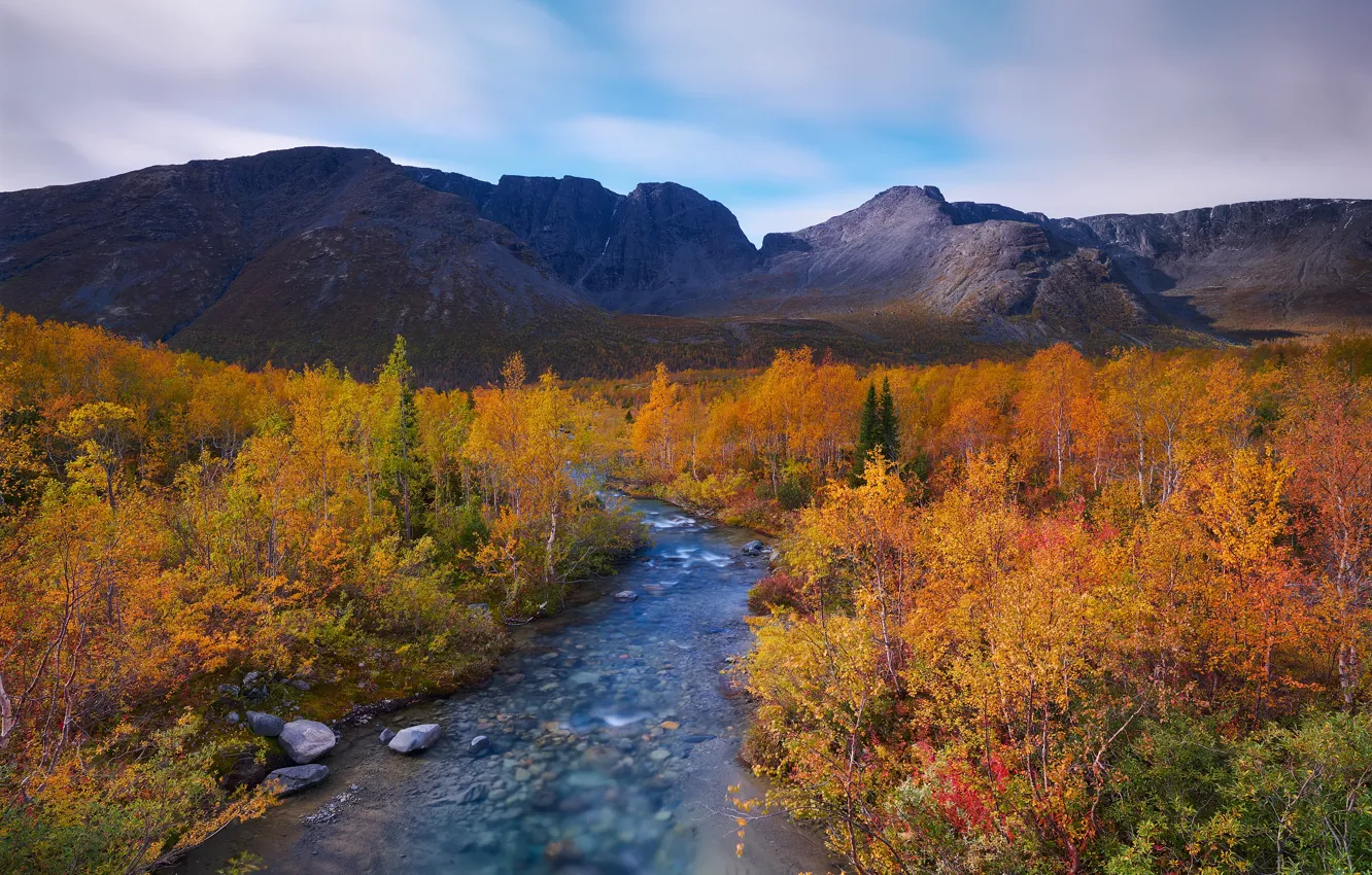 Photo wallpaper autumn, landscape, mountains, nature, river, vegetation, Khibiny, Konstantin Voronov