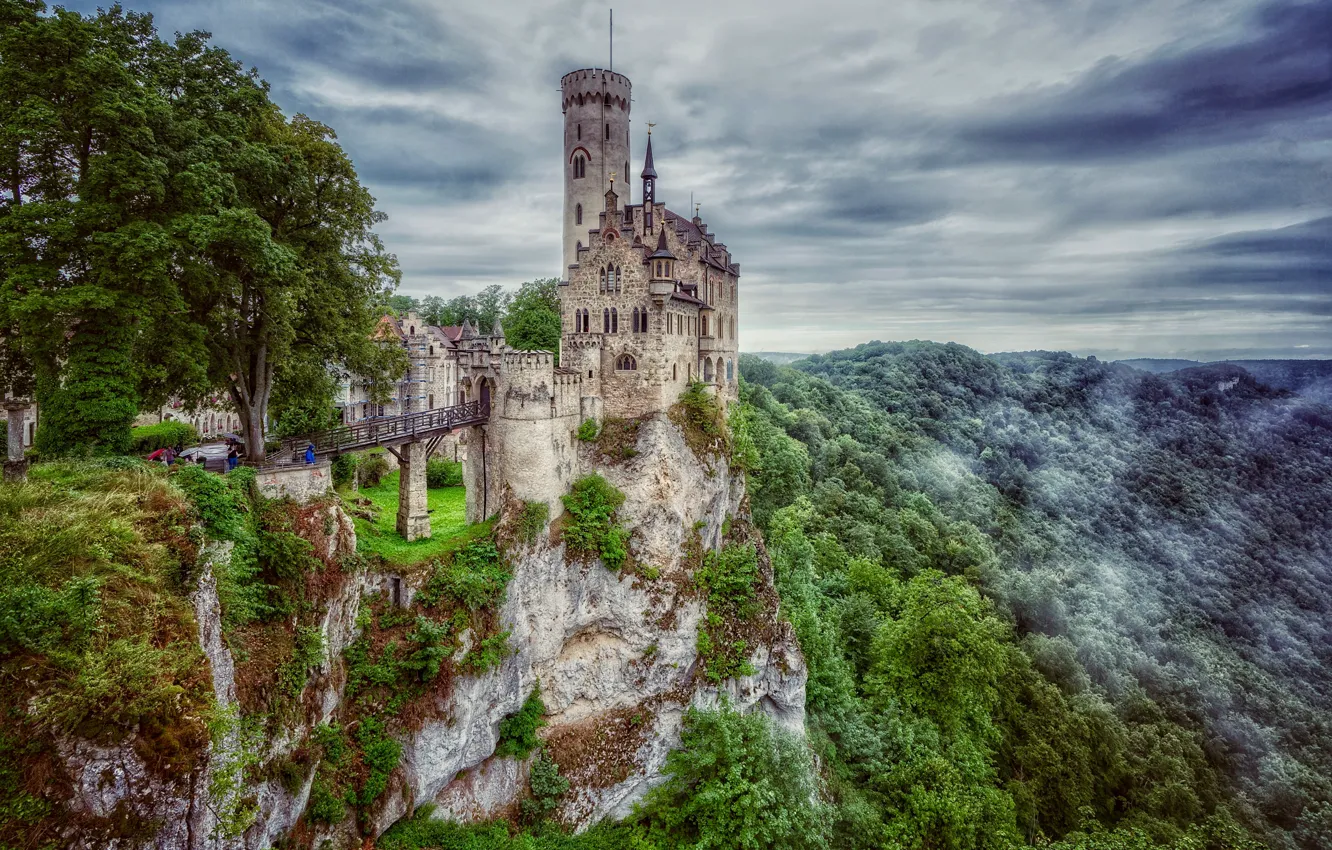 Photo wallpaper forest, trees, bridge, rock, castle, Germany, Germany, Lichtenstein