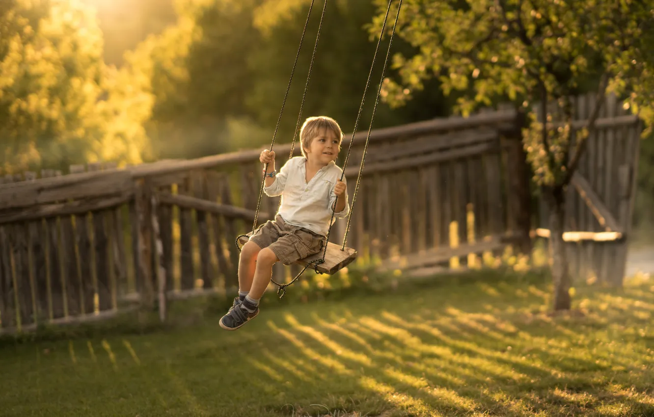 Photo wallpaper childhood, swing, boy