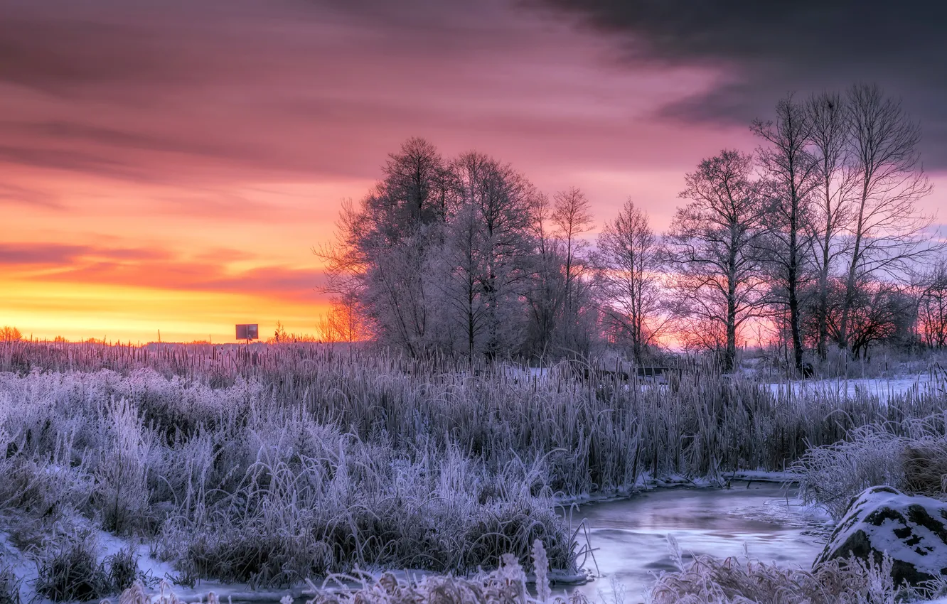 Photo wallpaper winter, sunset, river
