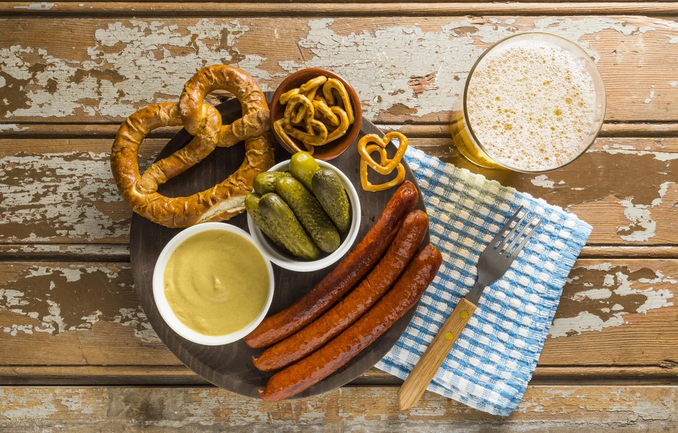 Photo wallpaper beer, sausages, top view, Pickles
