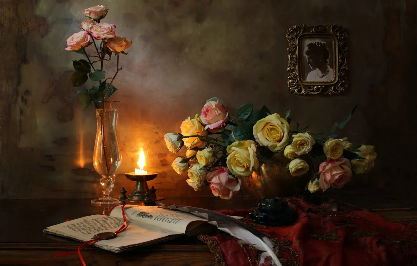 Photo wallpaper flowers, roses, candles, book, photos, still life