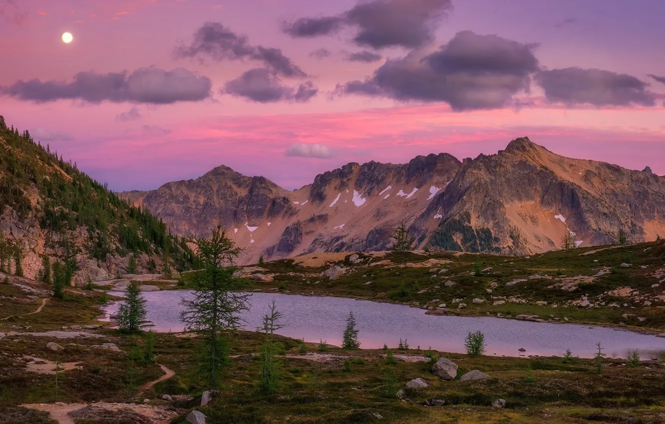 Photo wallpaper the sky, clouds, trees, mountains, nature, lake, rocks, the moon