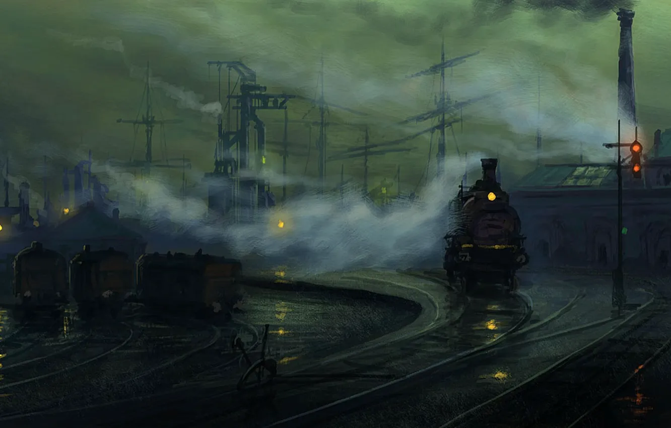Photo wallpaper the way, lights, rails, the engine, the evening, art, by Raphael Lacoste, industrial Landscape study